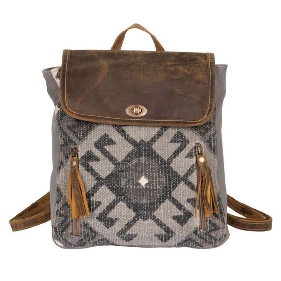 Myra Bag Handmade Felicity Backpack Upcycled Canvas & Cowhide Leather - Picture 1 of 7